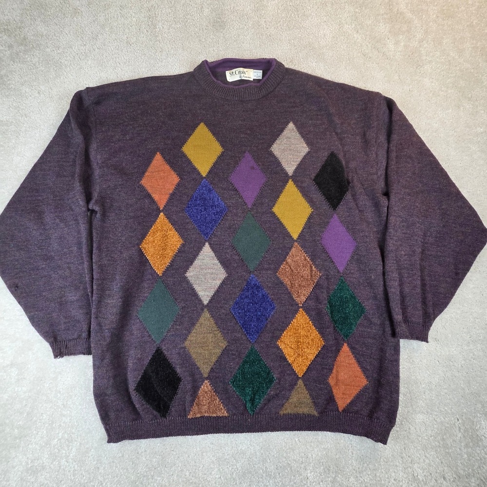 Vtg St Croix La Femme Sweater Mens L Purple Wool Argyle Intarsia USA READ